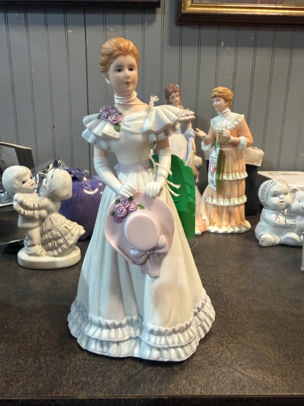 Porcelain Victorian Lady Figurine in White and Pink
